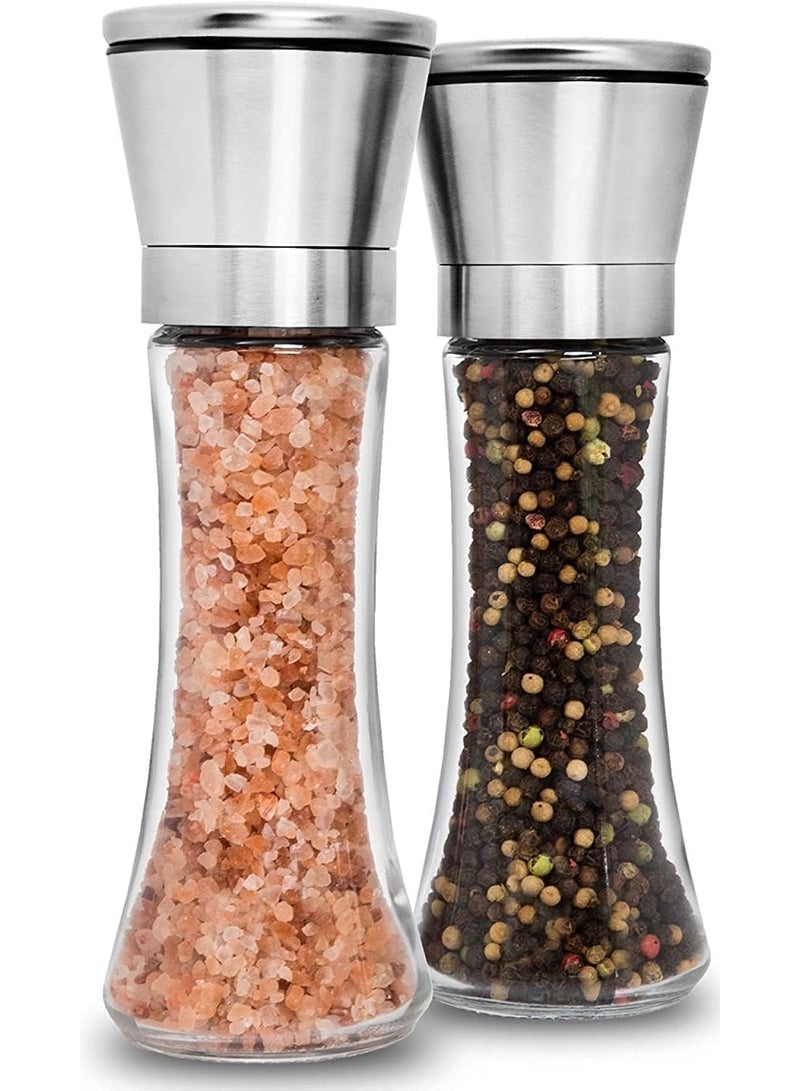 CLENEA طقم مطاحن ملح وفلفل مكون من قطعتين، مصنوع من الفولاذ المقاوم للصدأ والزجاج مع إمكانية تعديل درجة الطحن، مع علب توابل شفافة سعة 6 أونصات، للاستخدام على طاولة المطبخ، أو لتناول الطعام في المنزل، أو كهدية. - Image 1